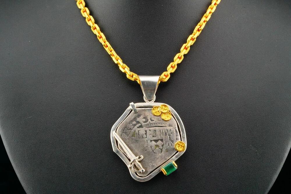 1715 Fleet Shipwreck Silver Coin Pendant on 24k Gold Necklace